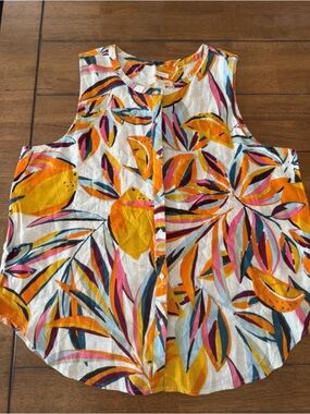 C&C California 100% Linen Lemon & Tropical Leaf Print Sleeveless Top